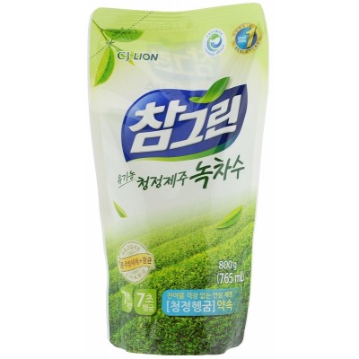 Средство для мытья посуды, овощей и фруктов CJ LION Chamgreen Зеленый чай, 765мл, мягкая упаковка